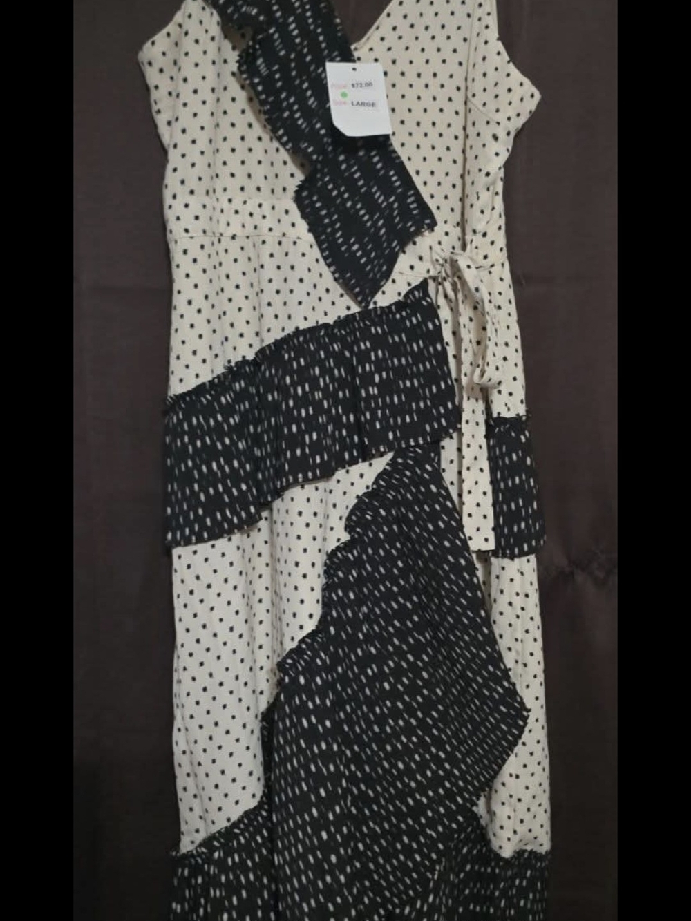Polka Dot Contrast Wrap Midi Dress in Ivory and Black